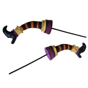 Miniature whimsical ceramic Halloween witch leg picks for crafting, decorating